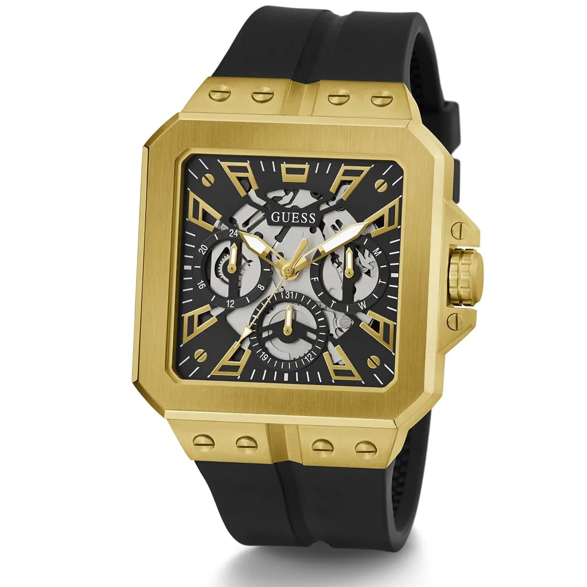 Right angled view of Guess LEO GW0637G2 men's quartz battery watch highlighting polished gold finish and case details