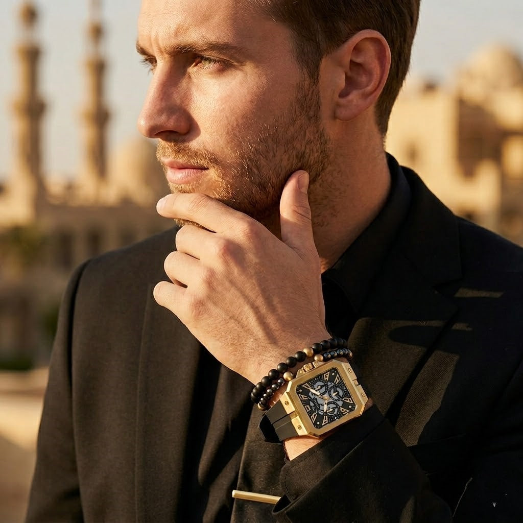 Elegant man wearing Guess LEO GW0637G2 men's quartz battery watch with gold case and luxury crystal animal print strap