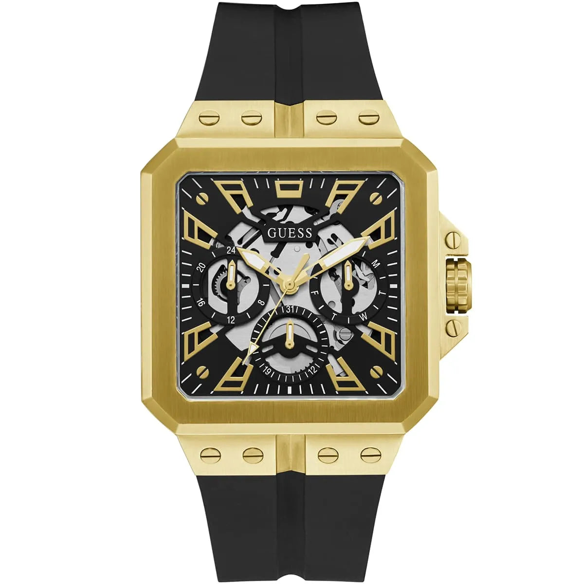Guess LEO GW0637G2 men's quartz battery watch with deep black dial featuring grid pattern, multi-function sub-dials, gold case with crystal bezel and gold screw details, black rubber strap with animal print texture main view
