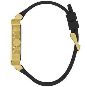 Side profile of Guess LEO GW0637G2 men's quartz battery watch showing 11mm thickness and polished gold finish
