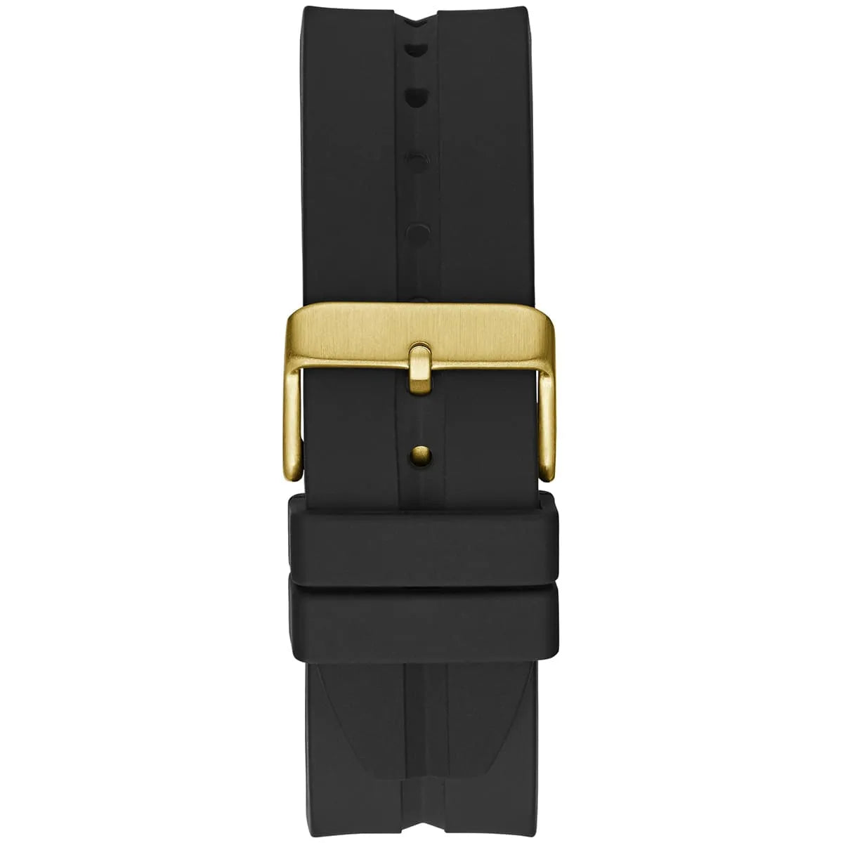 Black watch strap with a gold buckle on a white background