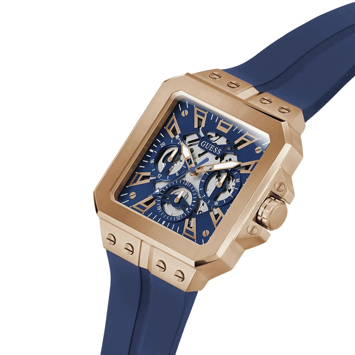 Left angled view of Guess LEO GW0637G3 men's quartz battery watch showing unique animal print rubber strap and sleek case profile