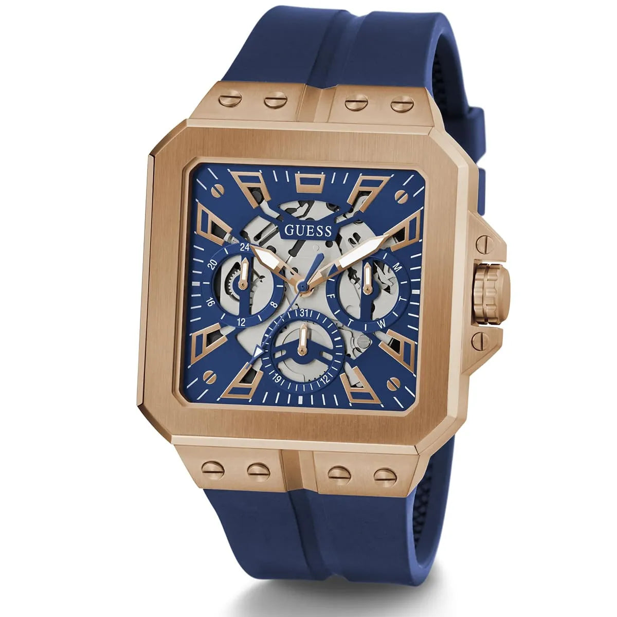 Right angled view of Guess LEO GW0637G3 men's quartz battery watch highlighting polished rose gold finish and case details