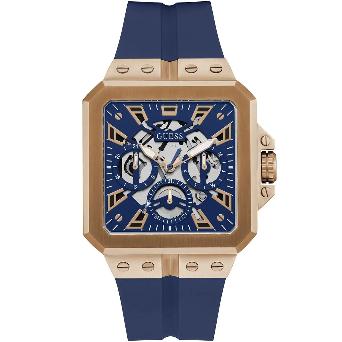 Guess LEO GW0637G3 men's quartz battery watch with deep navy blue dial featuring grid pattern, multi-function sub-dials, rose gold case with crystal bezel and black screw details, navy blue rubber strap with animal print texture main view