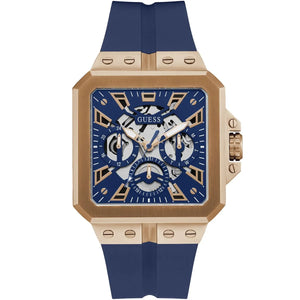 Guess LEO GW0637G3 men's quartz battery watch with deep navy blue dial featuring grid pattern, multi-function sub-dials, rose gold case with crystal bezel and black screw details, navy blue rubber strap with animal print texture main view