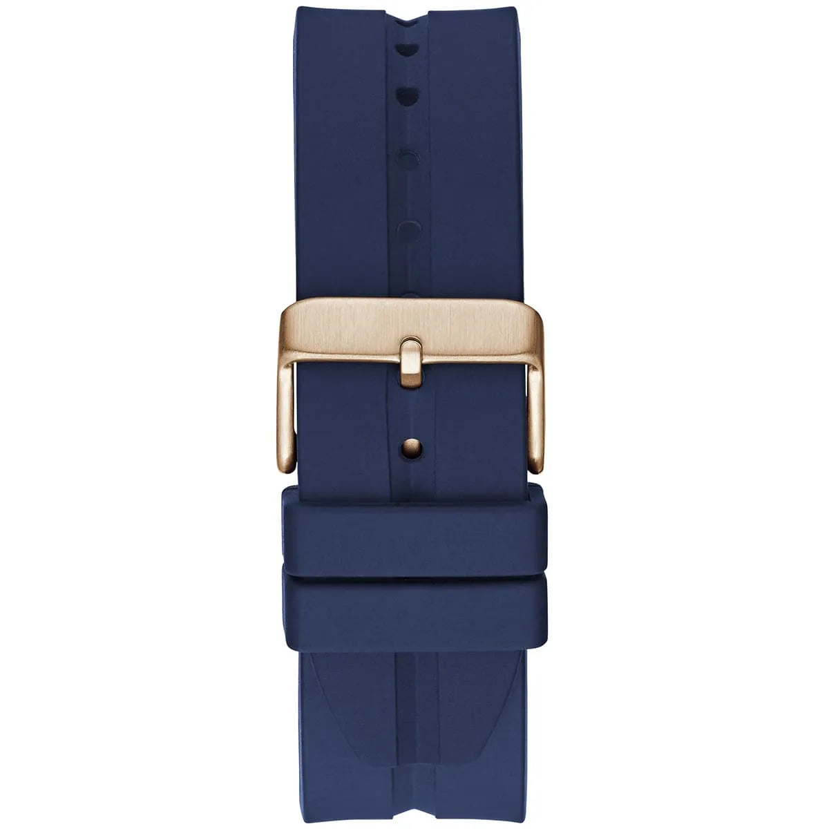 Navy blue watch strap with a gold buckle on a white background