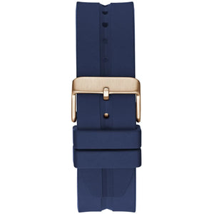 Navy blue watch strap with a gold buckle on a white background