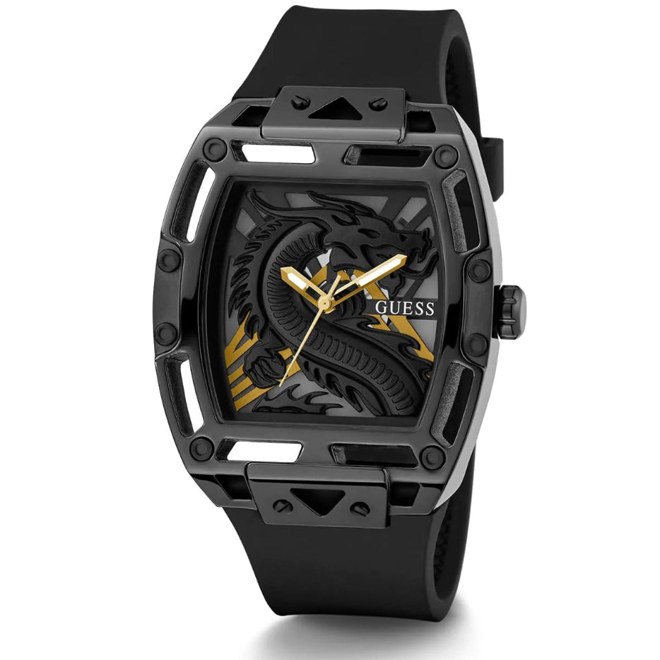 Black and gold watch with a dragon design on a white background