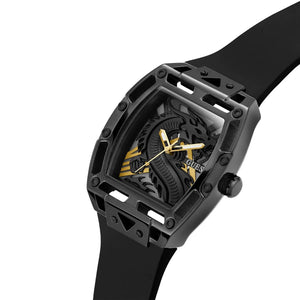 Black and gold watch with detailed design on a white background