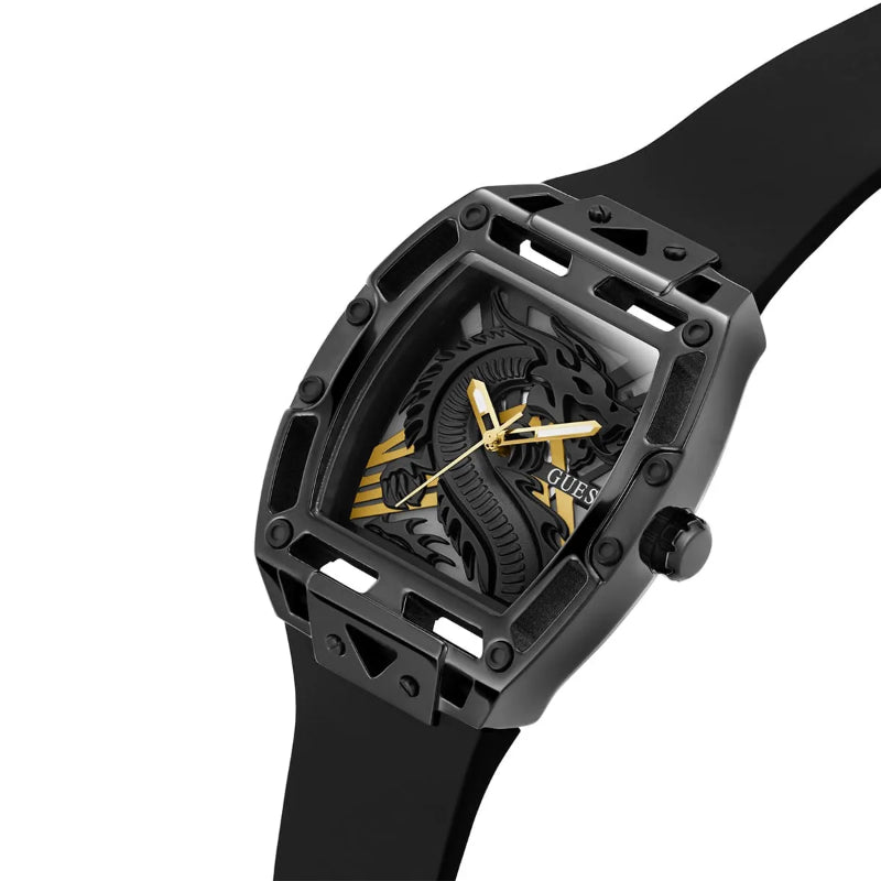 Black and gold watch with detailed design on a white background