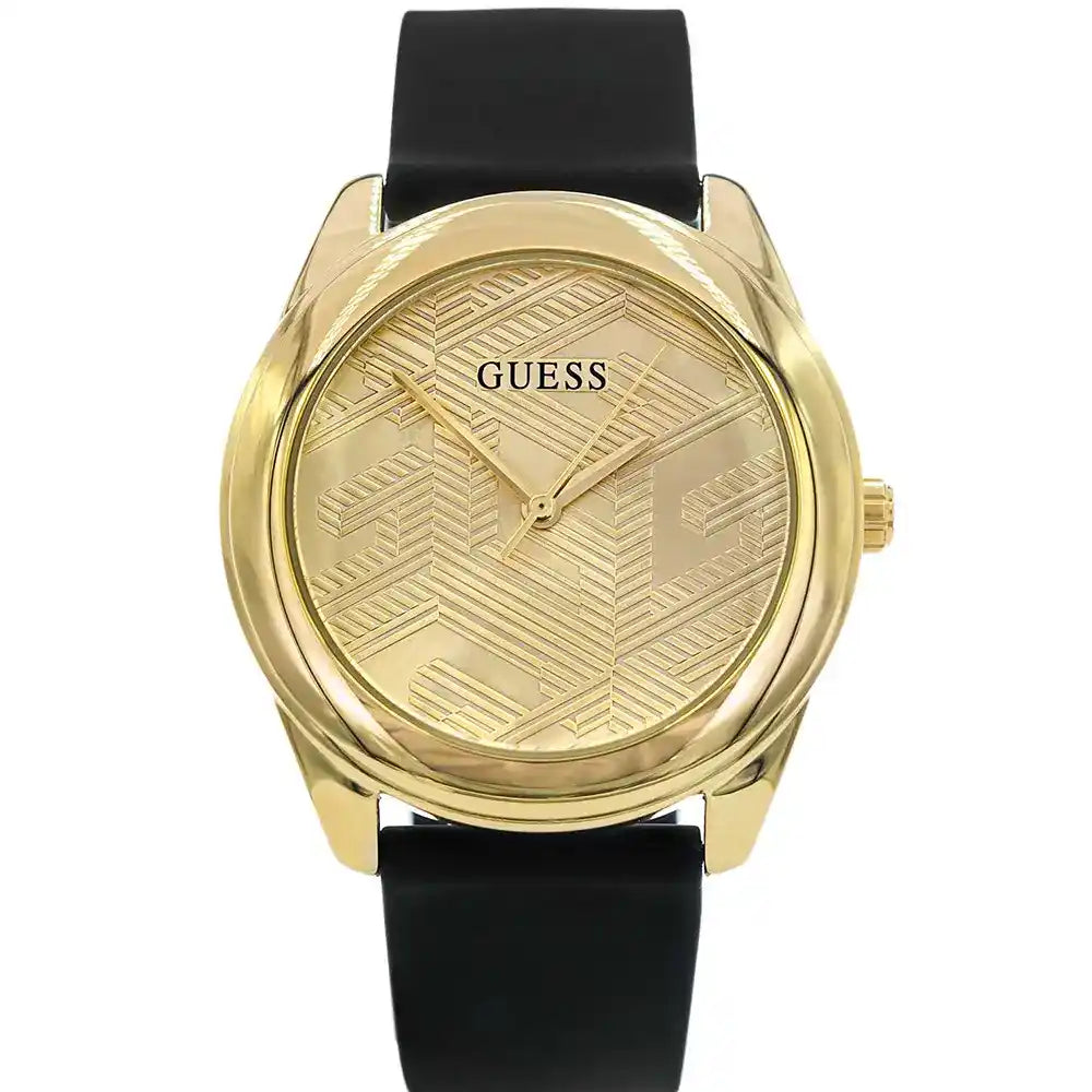 Guess Cubed GW0665L1 ladies watch with gold tone case, geometric G-cube dial pattern, and black rubber strap