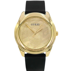 Guess Cubed GW0665L1 ladies watch with gold tone case, geometric G-cube dial pattern, and black rubber strap