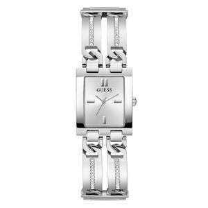 Guess GW0668L1 ladies watch with silver rectangular case and crystal accented bracelet