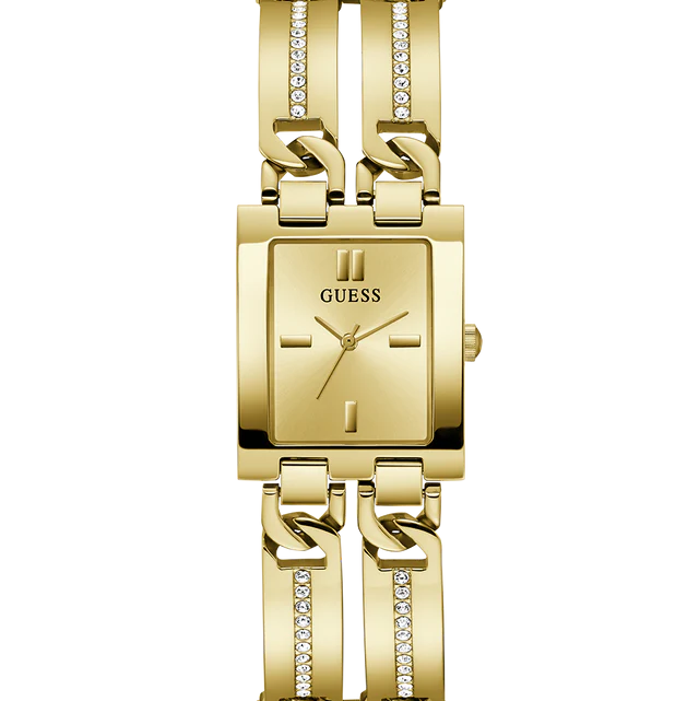 Guess GW0668L2 ladies watch with gold rectangular case and crystal accented bracelet
