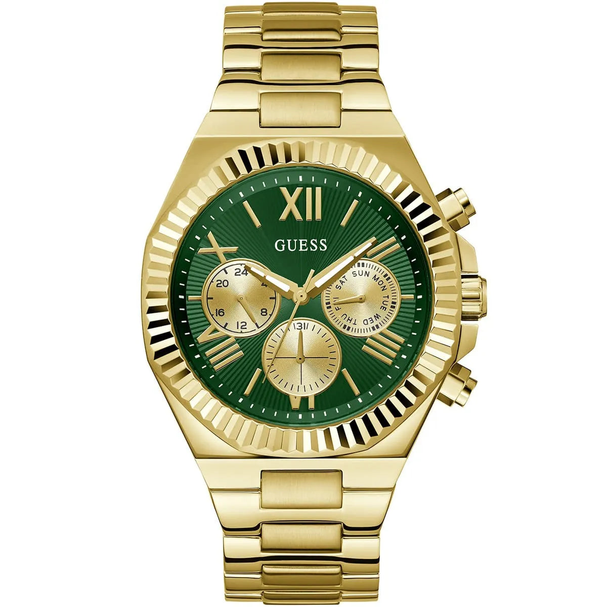 Guess Equity GW0703G2 men's watch with gold fluted bezel, stainless steel bracelet, and green sunray dial