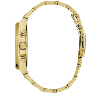 Gold stainless steel deployment clasp with Guess logo on the bracelet of the GW0703G2