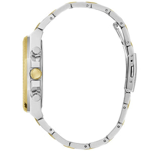 Close-up of a silver and gold watch band on a white background