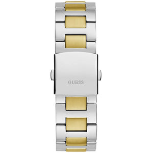 Silver and gold watch with 'GUESS' branding on a white background