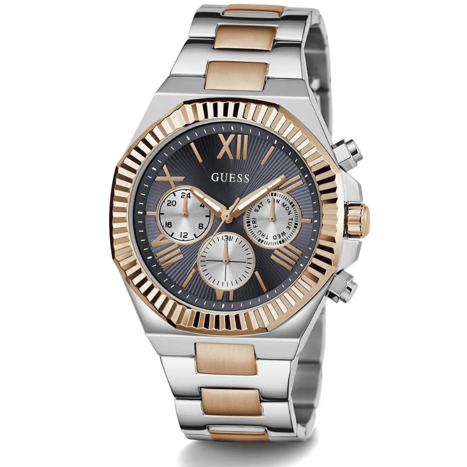 Silver and rose gold watch with a visible brand logo on a white background