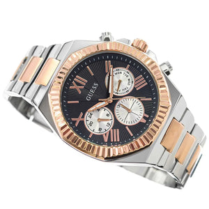 Multifunctional watch with silver and rose gold band on a white background