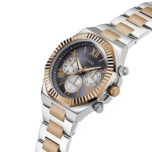 Guess watch with silver and beige band on a white background