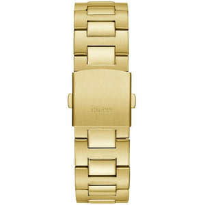 Gold-tone stainless steel link bracelet watch band with a brushed metal clasp featuring the GUESS brand name, shown on a solid white background.