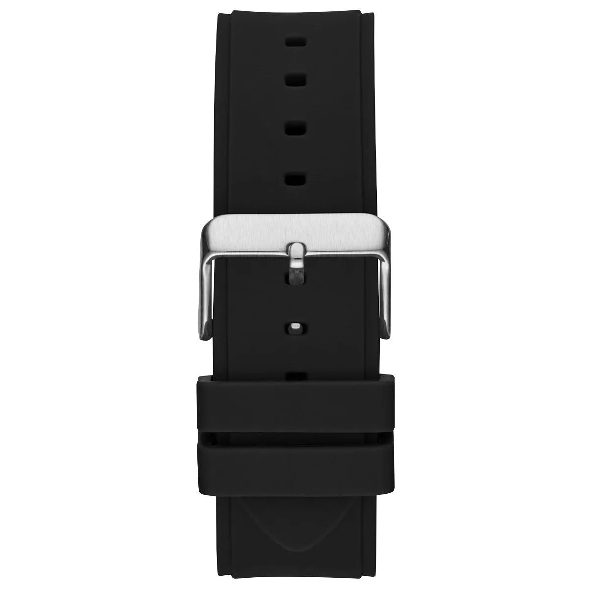 Black silicone watch strap with a silver metal buckle, shown from the back on a plain white background.