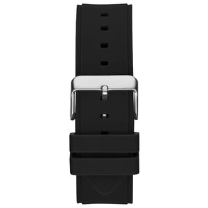 Black silicone watch strap with a silver metal buckle, shown from the back on a plain white background.
