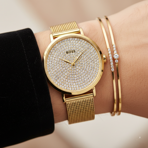 Close up of dazzling full crystal paved dial of Hugo Boss 1502659