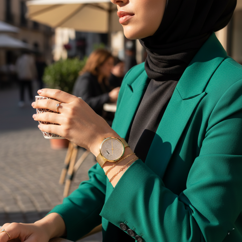 Woman wearing glamorous Hugo Boss 1502659 watch with gold mesh strap