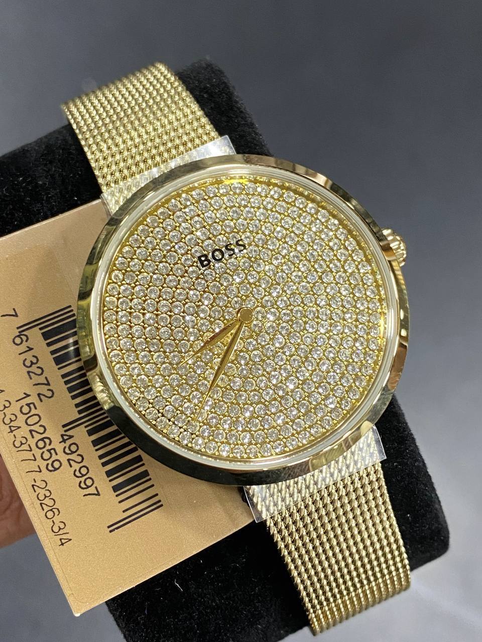 Authentic real life photo of Hugo Boss 1502659 showing true gold shine and crystal sparkle