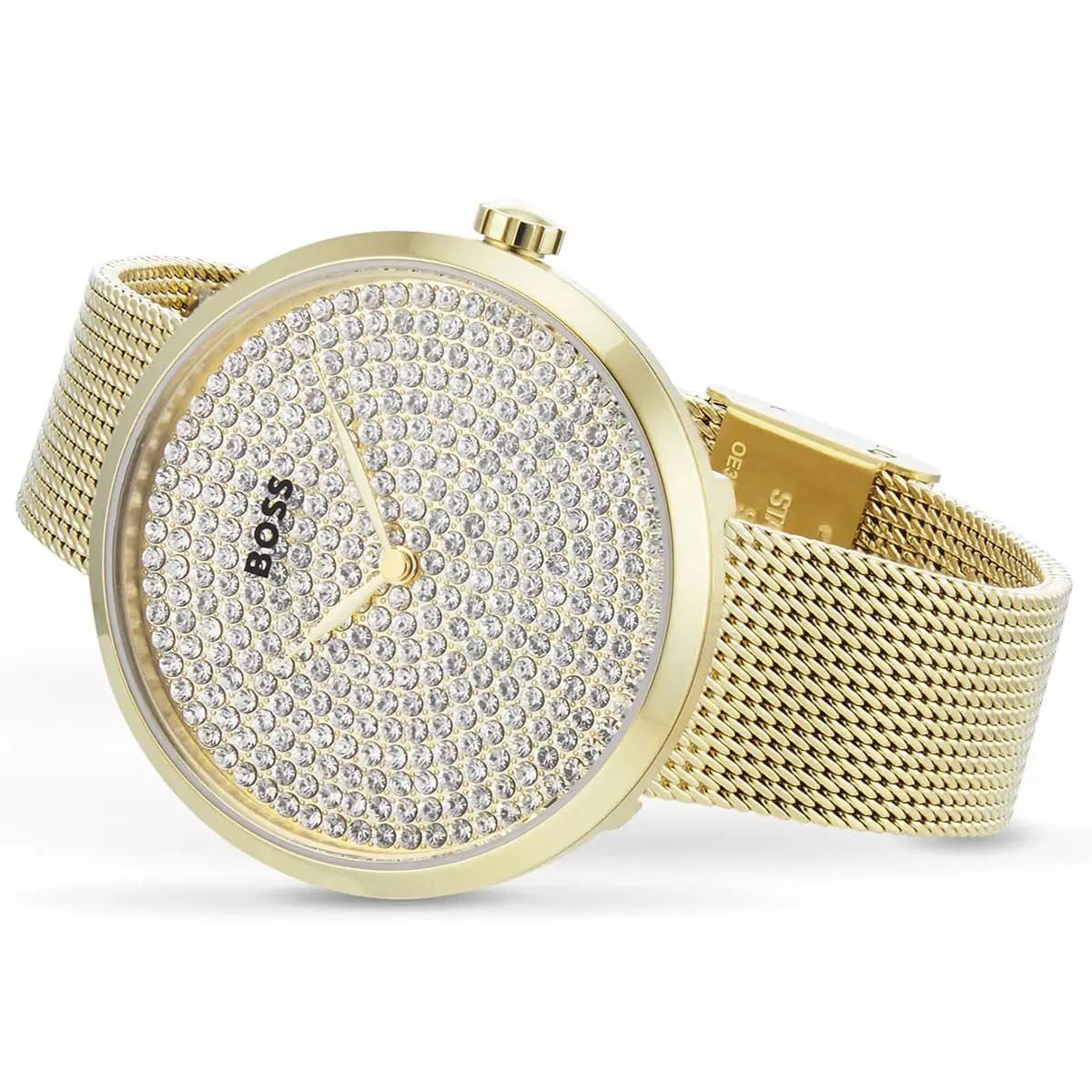 Profile view of Hugo Boss showing case thickness and gold mesh bracelet