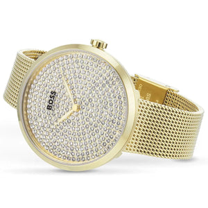 Profile view of Hugo Boss showing case thickness and gold mesh bracelet