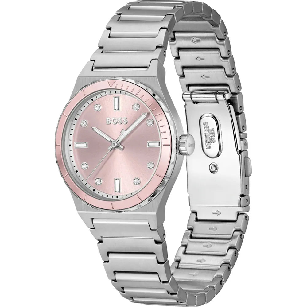Silver watch with a pink face on a white background