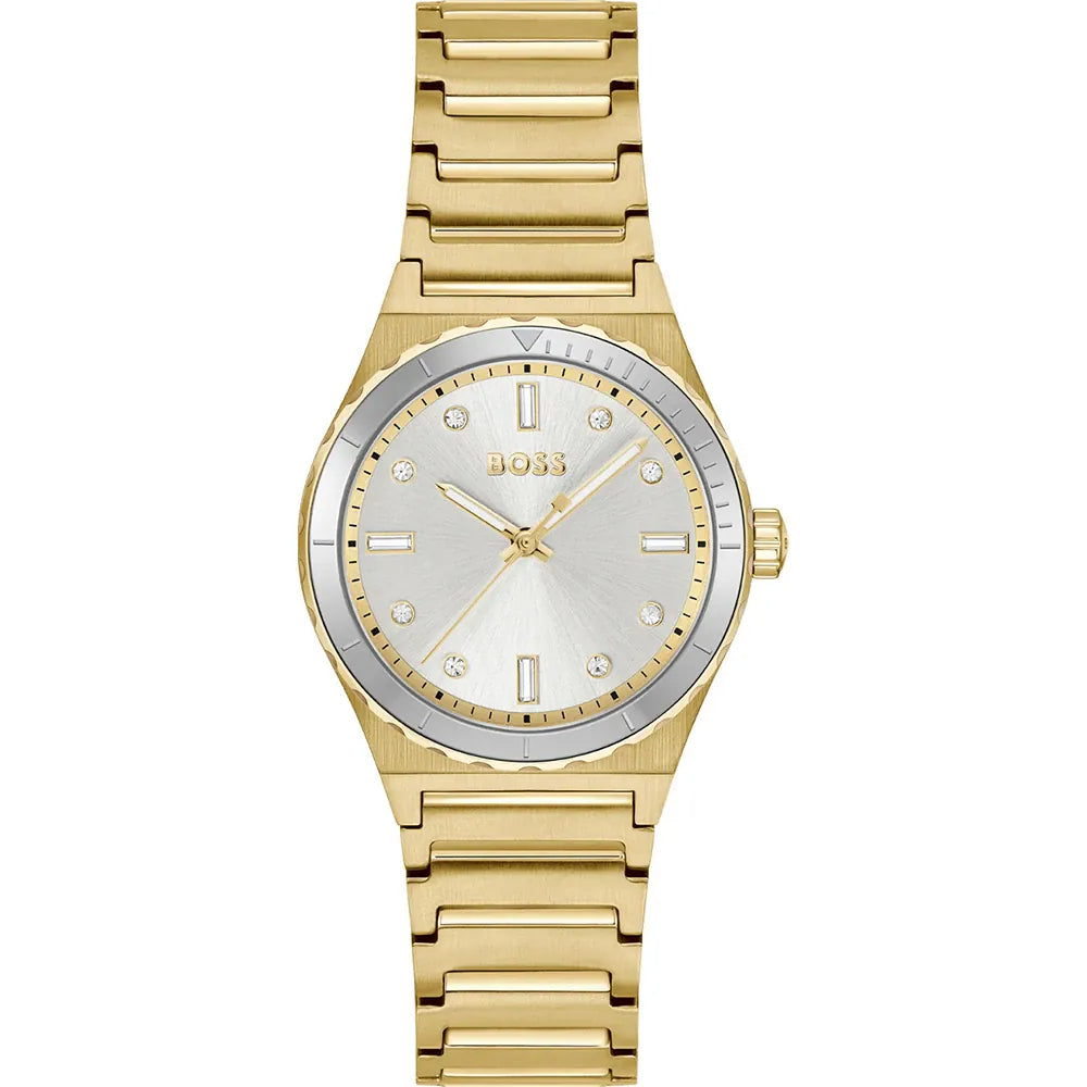 Gold watch with a silver face on a white background