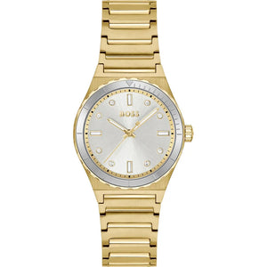 Gold watch with a silver face on a white background