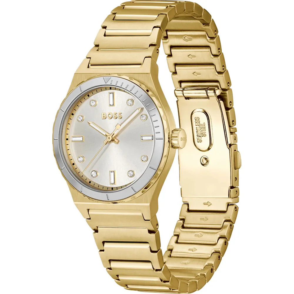 A gold-tone stainless steel watch with a silver-tone dial and bezel, featuring diamond hour markers and a matching gold-tone metal link bracelet. The BOSS logo is visible on the dial.