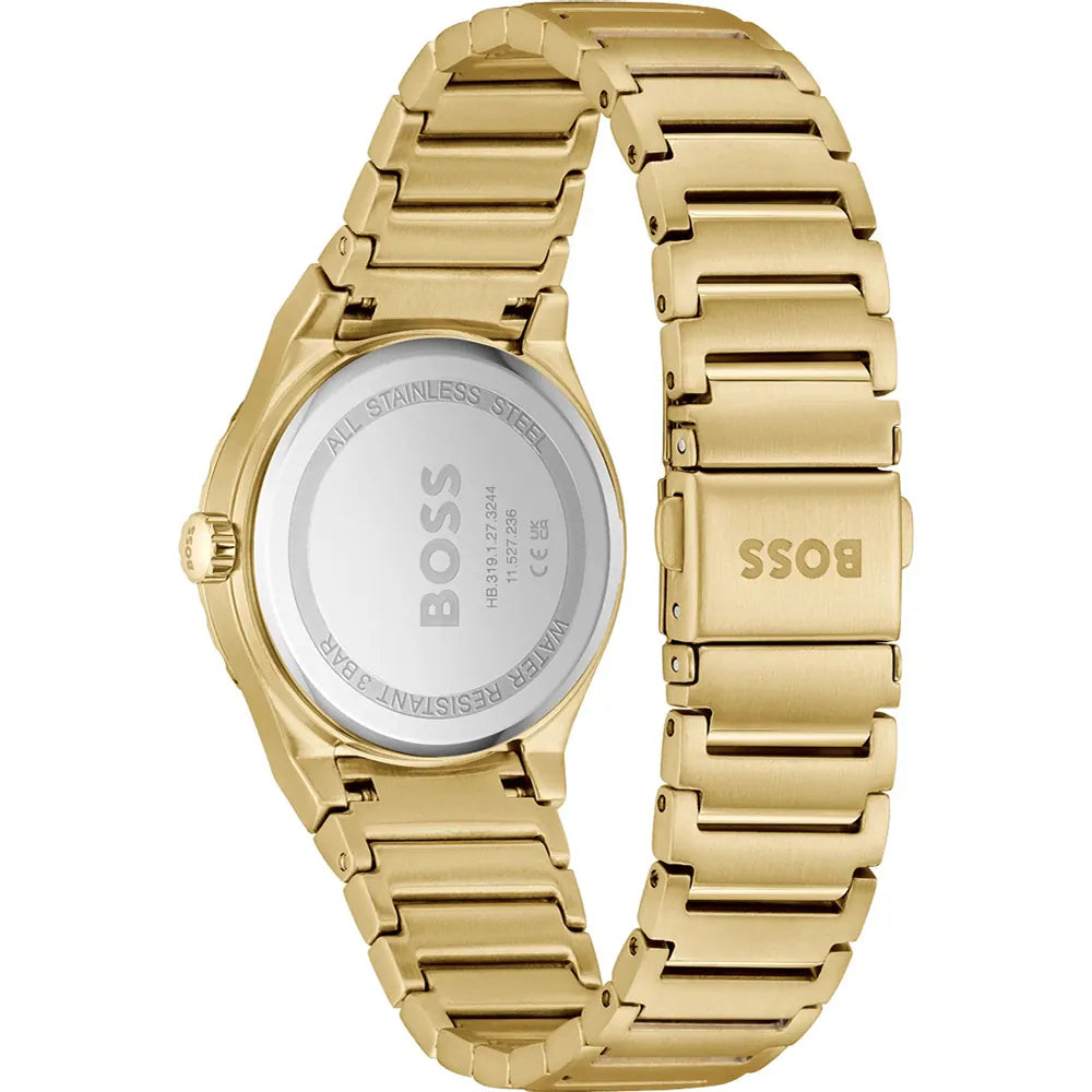 Gold watch with 'BOSS' branding on a white background