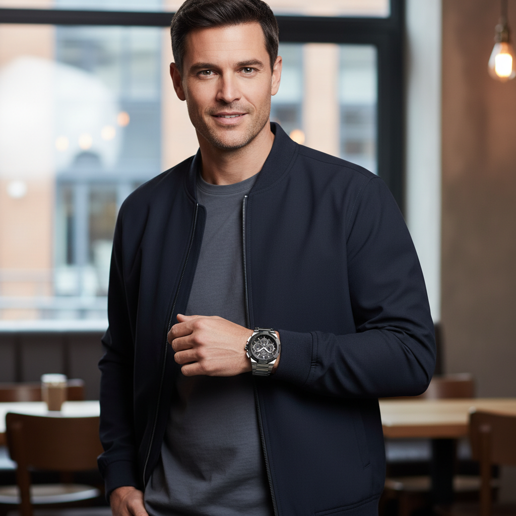 Male model wearing Hugo Boss Supernova 1513359 silver watch with a formal suit