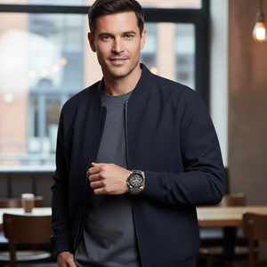 Male model wearing Hugo Boss Supernova 1513359 silver watch with a formal suit