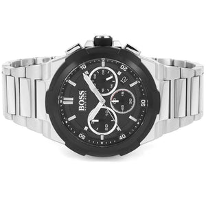 Side view of Hugo Boss 1513359 showing the silver crown and chronograph pushers
