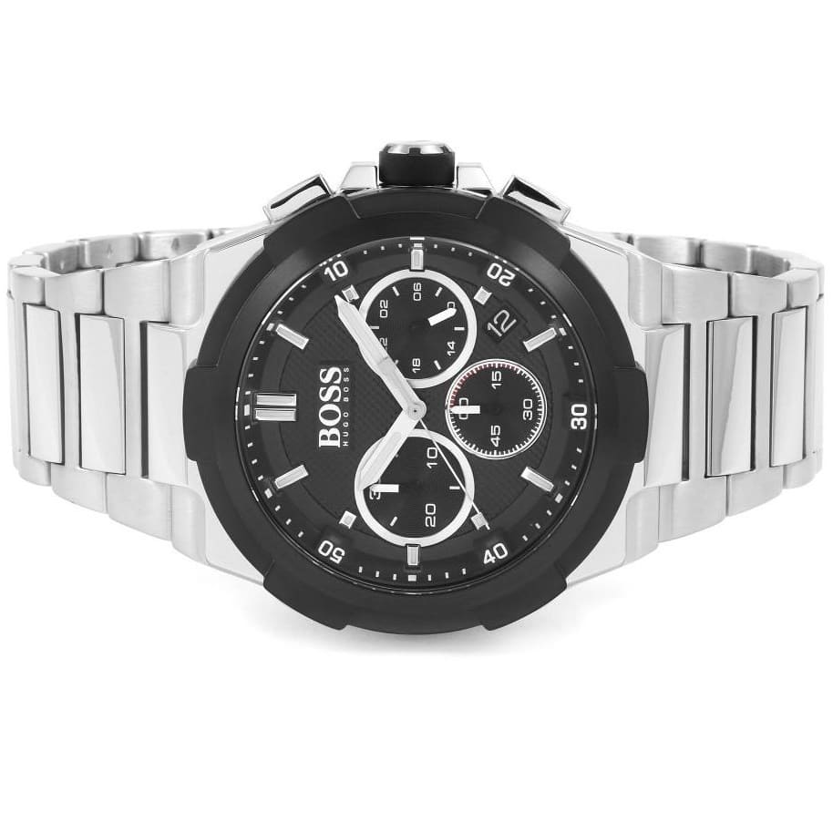 Side view of Hugo Boss 1513359 showing the silver crown and chronograph pushers