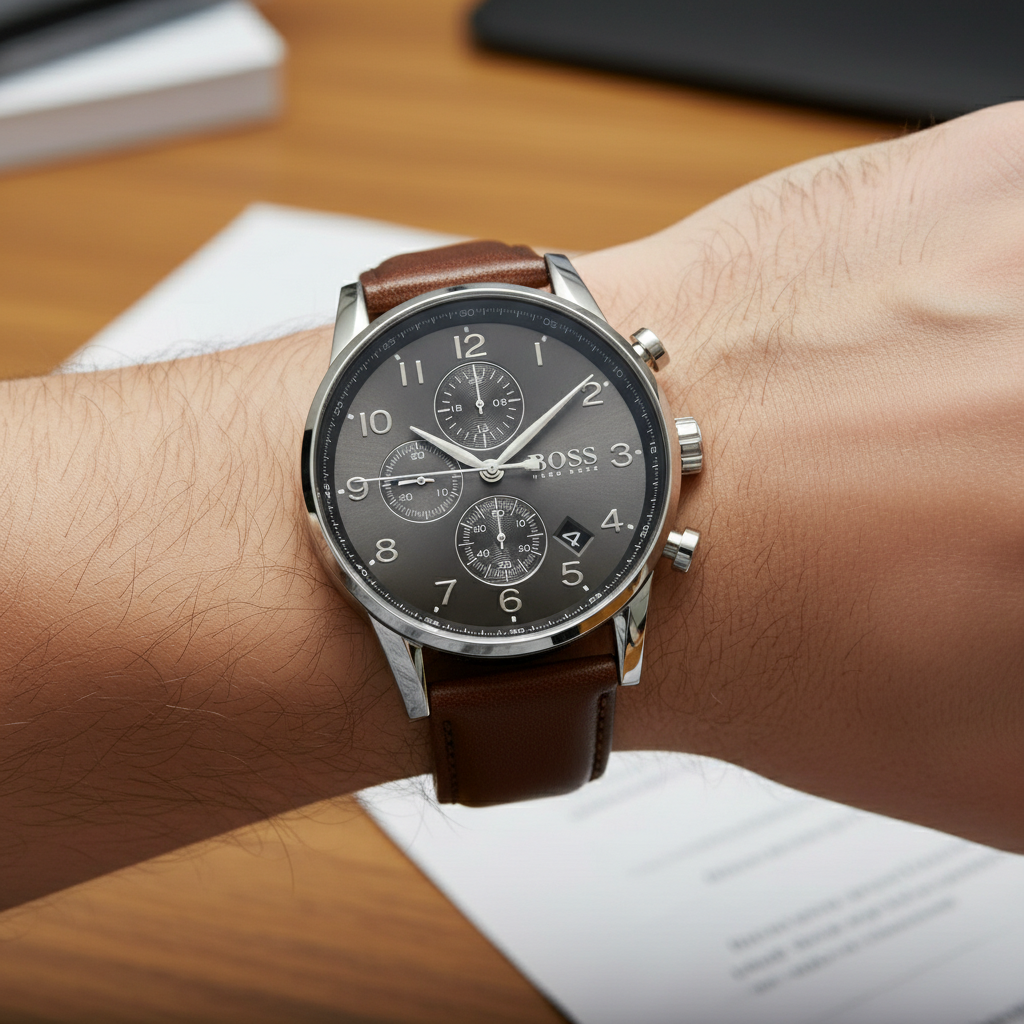 Detailed macro view of the grey sunray dial, Arabic numerals, and sub-dials of Hugo Boss 1513494