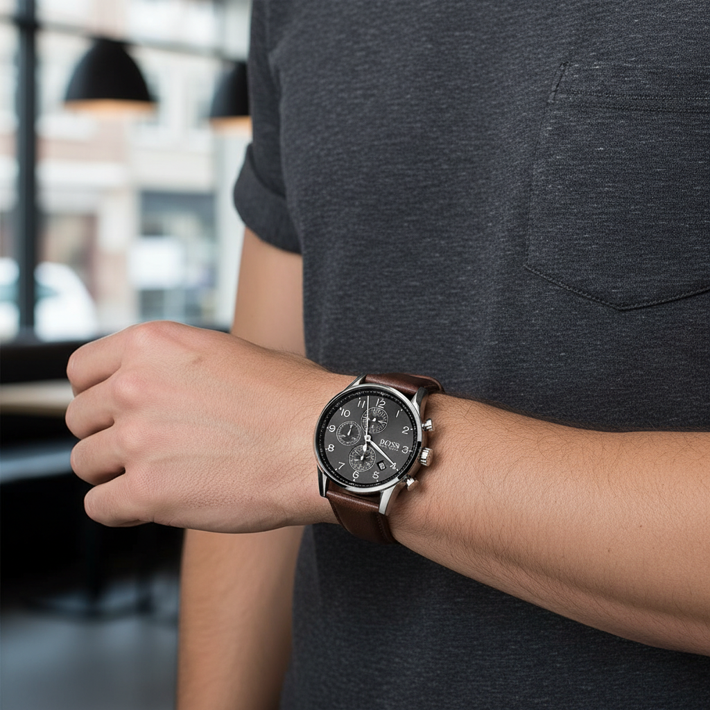 Male model wearing Hugo Boss Navigator 1513494 grey watch with a casual vintage outfit