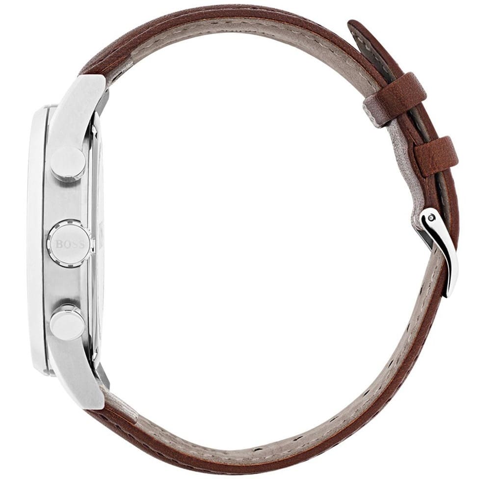 Side profile highlighting the premium brown leather strap with contrast stitching of Hugo Boss 1513494