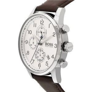 Side view of Hugo Boss 1513495 showing the silver crown and chronograph pushers