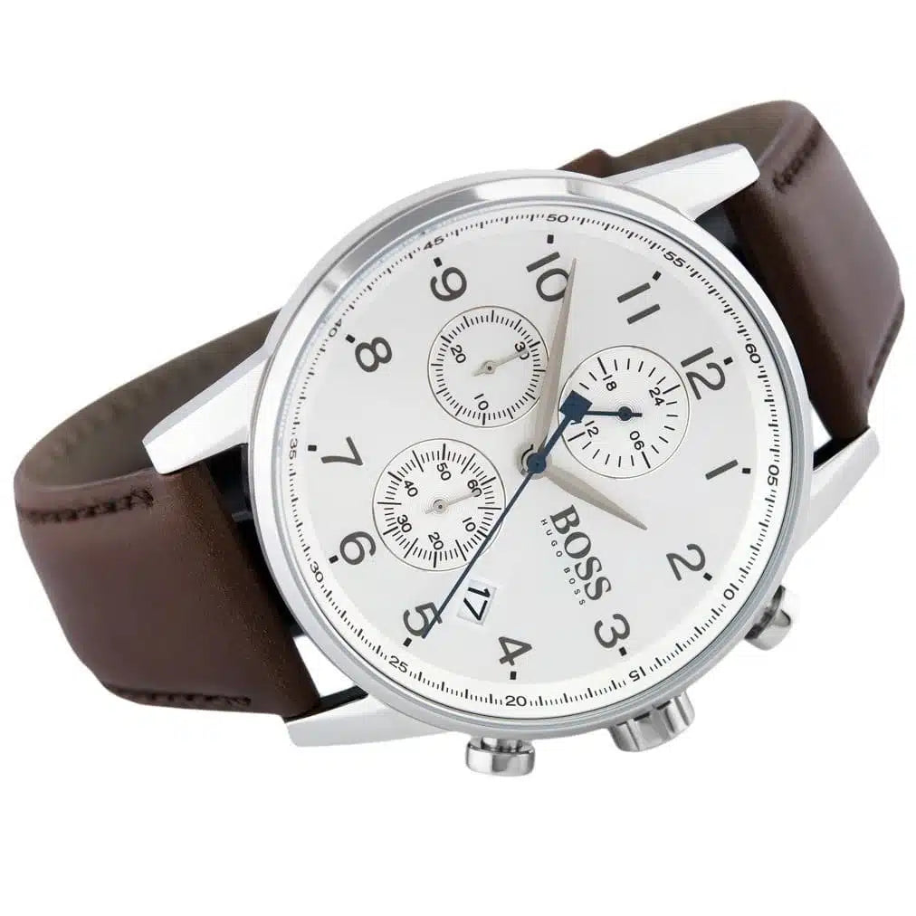 Side profile highlighting the quality texture of the brown genuine leather strap on Hugo Boss 1513495