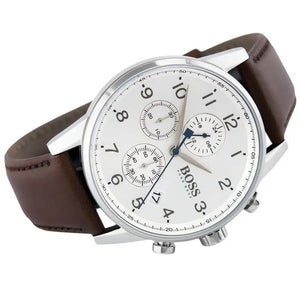 Side profile highlighting the quality texture of the brown genuine leather strap on Hugo Boss 1513495