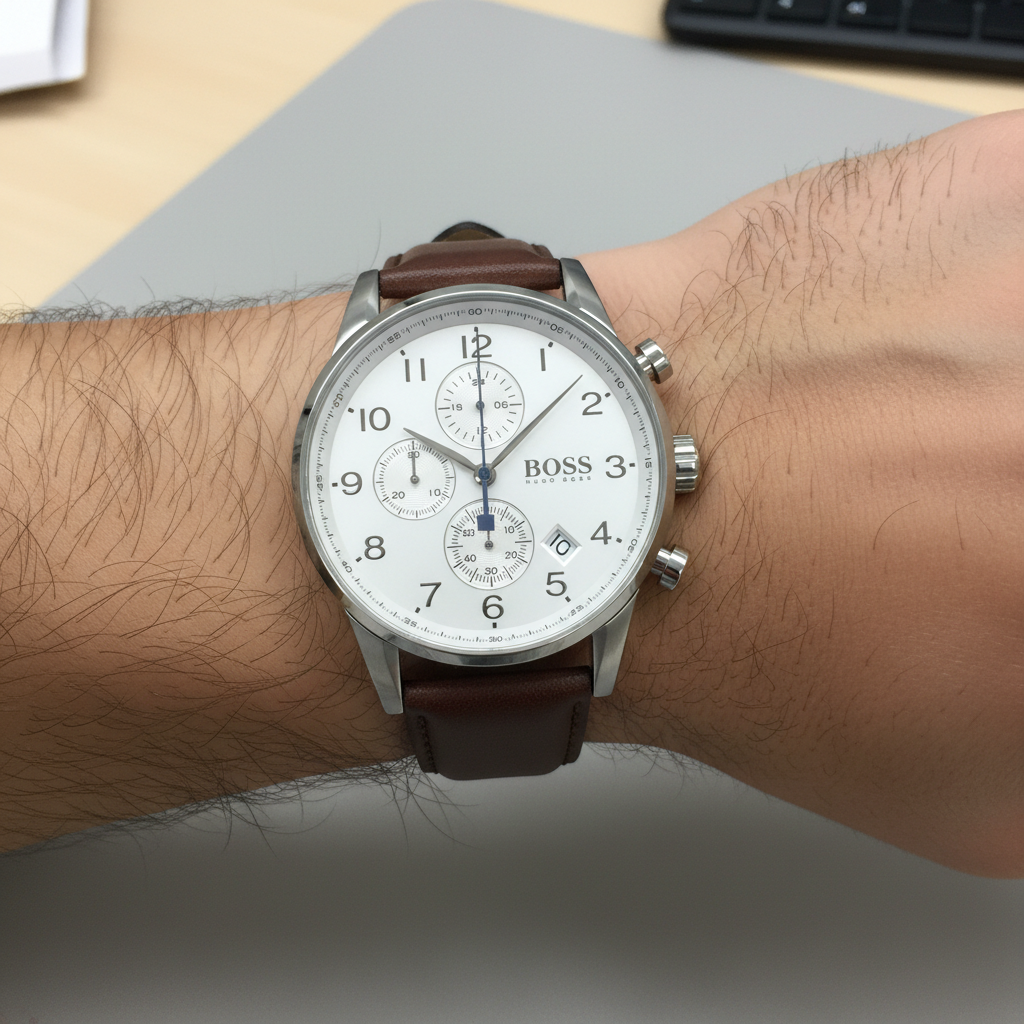 Detailed macro view of the white dial, Arabic numerals, and sub-dials of Hugo Boss 1513495