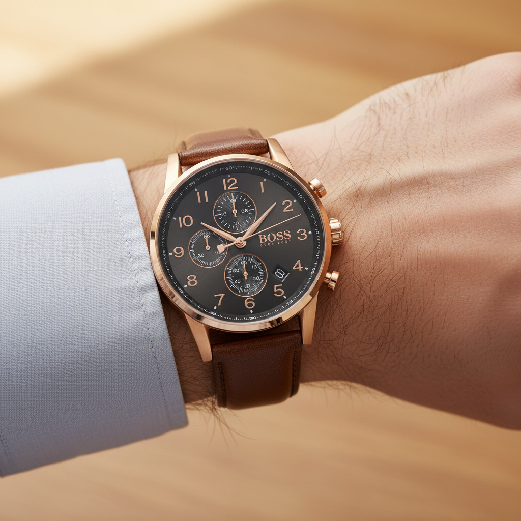 Detailed macro view of the grey dial, rose gold hands, and chronograph sub-dials of Hugo Boss 1513496